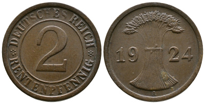 ГЕРМАНИЯ 2 РЕНТЕНПФЕННИГА 1924 A KM 31, J.307 бронза 86-1247