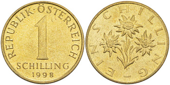 АВСТРИЯ 1 ШИЛЛИНГ 1998 KM 2886 алюминиевая бронза 186-1221