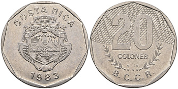 Коста-Рика 20 колон 1983 KM 216.1, Schoen 80 никель сталь 4517-211