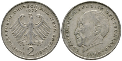 ФРГ 2 МАРКИ 1977 F, КОНРАД АДЕНАУЭР KM 124, J. 406 медно-никель плакированный никелем 47-842
