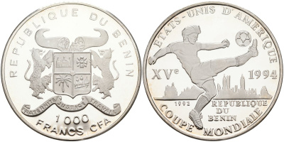 Бенин 1000 франков 1992 чемпионат мира по футболу 1994 года в США, игрок с мячом KM 5 серебро PROOF 04-316-13