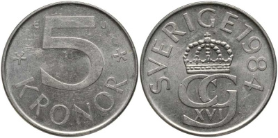 Швеция 5 крон 1984 U, Карл XVI Густав (1973- ) КМ 853 медно-никель 180-645