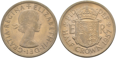 Великобритания 1/2 кроны 1957 Елизавета II (1952-2022) KM 907, Spink 4145 медно-никель 4367-1225