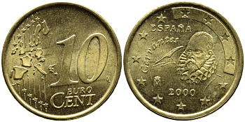 ИСПАНИЯ 10 ЕВРОЦЕНТОВ 2000 KM 1043 латунь 4391-153