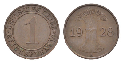 Германия 1 рейхспфенниг 1928 A KM 37, J. 313 бронза 4644-1038