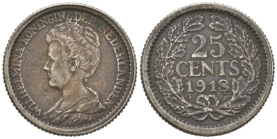 Нидерланды 25 центов 1918 Вильгельмина (1890-1948) KM 146 серебро 4151-1133