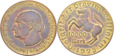 Германия, Вестфалия 10000 марок 1923 Штейн, лошадь, 44,0 мм J. N 20 b медь цинк 1519-1223