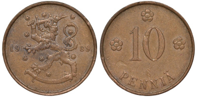 Финляндия 10 пенни 1939 KM 24 медь 51-3047