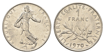 Франция 1 франк 1970 KM 925 никель 4628-1223