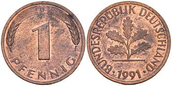 ФРГ 1 пфенниг 1991 G KM 105, J.380 сталь плакированная медью 3955-1152
