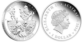 Австралия 1 доллар 2016 Вторая мировая война, Битва за бункер Тобрук, коробка, сертификат KM NEW серебро PROOF 00-00