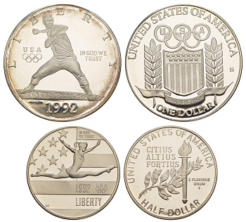 США набор из 1 доллара и 50 центов 1992 S, Олимпийские игры, 1 доллар бейсбол и 50 центов гимнастика, в оригинальной коробке, сертификат KM 233, 234 серебро, медь плакированная медно-никелем  PROOF  00-00