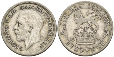 Великобритания 6 пенсов 1926 Георг V (1910-1936), нет зазора над буквой I KM 815a.2, Spink 4025 серебро 4602-618