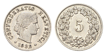 Швейцария 5 раппенов 1939 B KM 26b никель 4705-1233