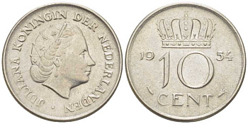 НИДЕРЛАНДЫ 10 ЦЕНТОВ 1954 ЮЛИАНА (1948-1980) KM 182 никель 214-1143