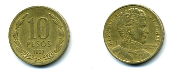 ЧИЛИ 10 ПЕСО 1997 БЕРНАРДО ХИГГИНС KM 228.2 никель латунь 37-151