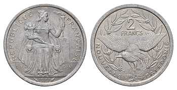 Новая Каледония 2 франка 1977 птица кагу, (IEOM) KM 14, Schoen 11, Lec 58 алюминий 210-931