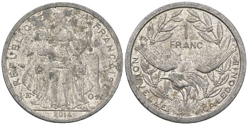 Французская Новая Каледония 1 франк 2014 птица кагу, (IEOM) KM 10, Schoen 10 алюминий 31-1025