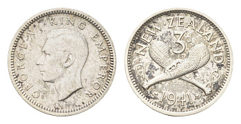 Новая Зеландия 3 пенса 1941 Георг VI (1936-1952), редкий год KM 7 серебро 4659-934