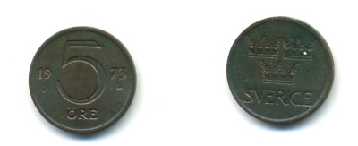 Швеция 5 эре 1973 U, Густав VI Адольф (1950-1973) KM 845 бронза 80-764