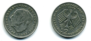 ФРГ 2 МАРКИ 1975 D, ТЕОДОР ХОЙС KM 127, J. 407 медно-никель плакированный никелем 35-1413