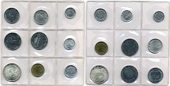 Сан-Марино годовой набор из 9 монет 1977 1, 2, 5, 10, 20, 50, 100, 100 и 500 лир стилизованная перевернутая вверх ногами птица над звездами в круге KM 63-71, в оригинальной пластиковой запайке KM MS10 серебро UNC 2-5-1-55