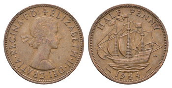Великобритания 1/2 пенни 1964 Елизавета II (1952-2022) KM 896, Spink 4158 бронза 4662-1232