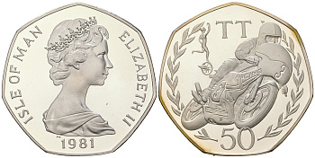 Остров Мэн 50 пенсов 1981 Елизавета II (1952-2022), мотогонки TT, тираж 5000 экземпляров КМ 83a серебро  PROOF  1091-7-61