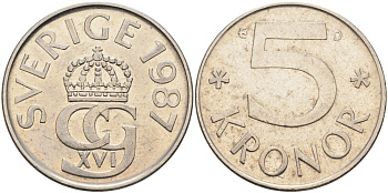 Швеция 5 крон 1987 D, Карл XVI Густав (1973- ) КМ 853 медно-никель 4367-1141