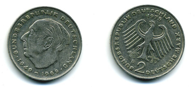 ФРГ 2 МАРКИ 1975 D, ТЕОДОР ХОЙС KM 127, J. 407 медно-никель плакированный никелем 35-1413