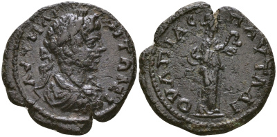 Римская Империя, Провинция Фракия, Павталия AE 198 - 217 Каракалла, бюст императора / богиня здоровья Гигиэя со змеей и патерой Mouchmov 4306 бронза 1100-7-94