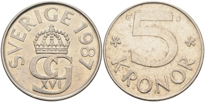 Швеция 5 крон 1987 D, Карл XVI Густав (1973- ) КМ 853 медно-никель 4367-1141