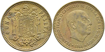ИСПАНИЯ 1 ПЕСЕТА 1966 (71) ФРАНСИСКО ФРАНКО ДИКТАТОР ИСПАНИИ (1939-1975) KM 796 алюминиевая бронза 110-1244