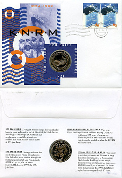Нидерланды 1 экю 1999 175 лет королевской морской спасательной службе, в оригинальном конверте, с марками, первый день гашения X 237 медно-никель BU 4-3-8-45