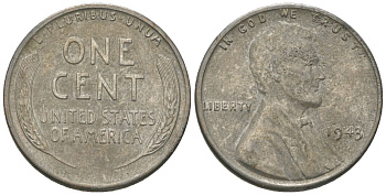 США 1 цент 1943 Авраам Линкольн KM 132 a сталь покрытая цинком 214-556