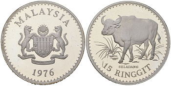 Малайзия 15 ринггит 1976 Охрана дикой природы - Малайзийский гаур KM 19 серебро PROOF 11-315-35