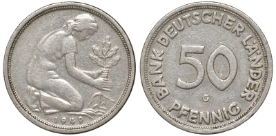 ФРГ 50 пфеннигов 1949 G KM 104, J. 379 медно-никель 4132-632