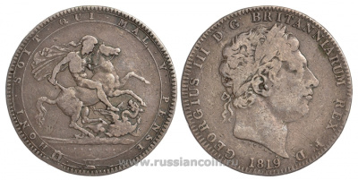 Великобритания 1 крона 1819 Георг III (1760-1820) КМ 675, Spink 3787 серебро 00-000-00