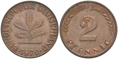 ФРГ 2 ПФЕННИГА 1970 J KM 106a, J.381a сталь плакированная сталь плакированная медьюю 75-439