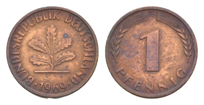 ФРГ 1 пфенниг 1969 D KM 105, J.380 сталь плакированная медью 4164-133