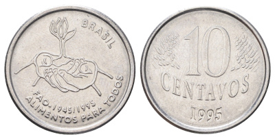 Бразилия 10 сентаво 1995 50 лет Всемирной продовольственной программе (ФАО) KM 641 нержавеющая сталь 4668-1121