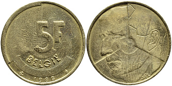 БЕЛЬГИЯ 5 ФРАНКОВ 1986 BELGIE KM 164 латунь или алюминевая бронза 4110-1312