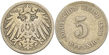 ГЕРМАНИЯ 5 ПФЕННИГОВ 1898 A KM 11, J. 12, Weege 6 медно-никель 206-917