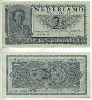 НИДЕРЛАНДЫ 2 1/2 ГУЛЬДЕНА 1949 8 АВГУСТА 1949, КОРОЛЕВА ЮЛИАНА Pick 73 бумага 6312-2-3-2
