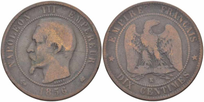 ФРАНЦИЯ 10 САНТИМОВ 1856 K, НАПОЛЕОН III (1852-1870) KM 771.5, LE FRANC 133.36 бронза 38-1146