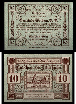 Австрия, Вайберн 10 геллеров 1920 Jaksc/Pick JPR1146b-10 бумага UNC (пресс) 2193-7-4-1