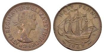 Великобритания 1/2 пенни 1967 Елизавета II (1952-2022) KM 896, Spink 4158 бронза 4675-437