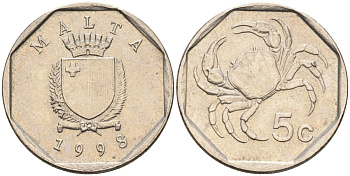 Мальта 5 центов 1995 краб KM 95 медно-никель 4588-139