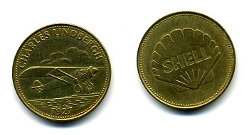 США ЖЕТОН ND SHELL, ЧАРЛЬЗ ЛИНДБЕРГ 1927, 26 мм, 5,0 гр латунь 179-855