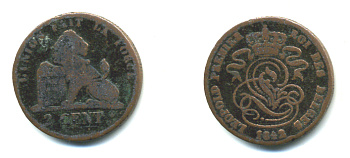 БЕЛЬГИЯ 2 ЦЕНТА 1842 BELGES KM 4.2 медь 51-1821